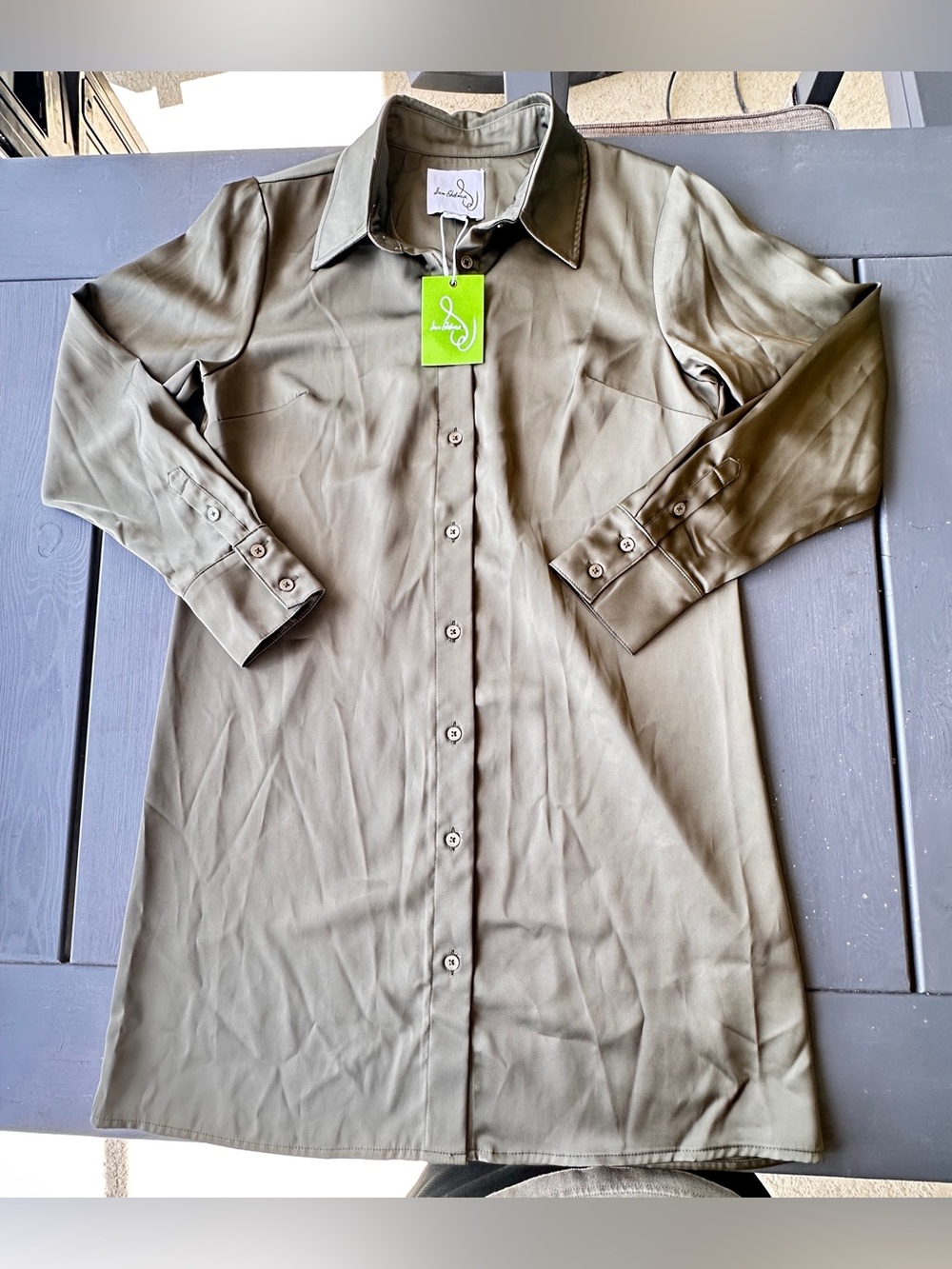 Sam Edelman olive green satin long-sleeve button-up shirt dress Sz 10